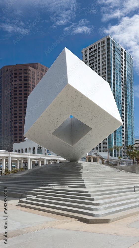Naklejka premium White cube sculpture on steps, city backdrop