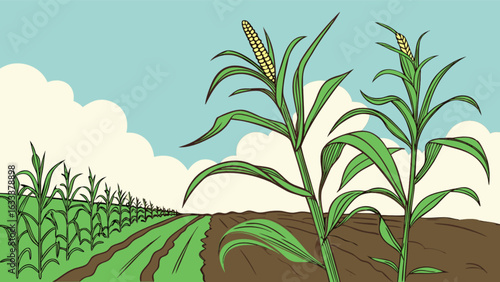 Corn field agriculture illustration of maize plants and blue sky for farming and harvest season design