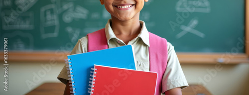 Smiling elementary student holding red and blue notebooks poses in front of green blackboard. Back to school background with copy space.