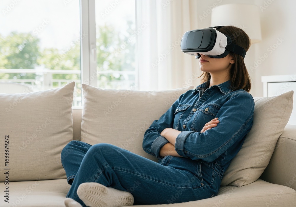 Obraz premium Young woman wearing virtual reality headset sitting on a couch
