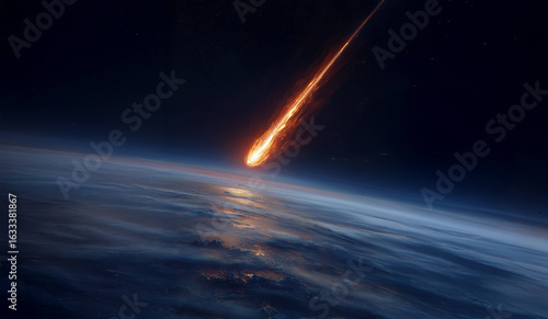 Giant flaming Meteor asteroid falling through space at light speed toward earths atmosphere