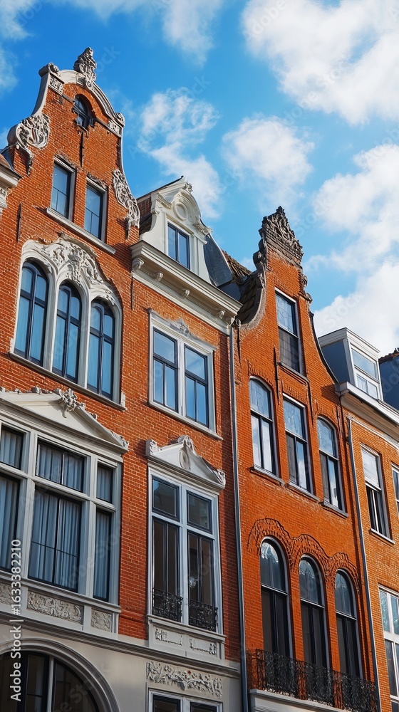 Fototapeta premium Old European brick buildings, ornate windows, blue sky