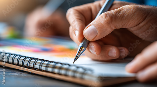 Wallpaper Mural Hand Holding a Pen Writing in a Sketchbook During a Creative Session in a Cozy Workspace Torontodigital.ca