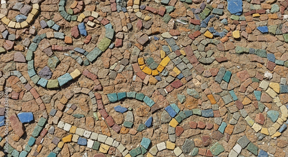 Naklejka premium Intricate ancient mosaic with colorful tiles and textured patterns