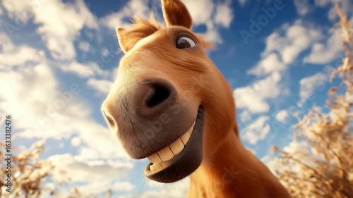 Funny cartoon horse talking close-up
