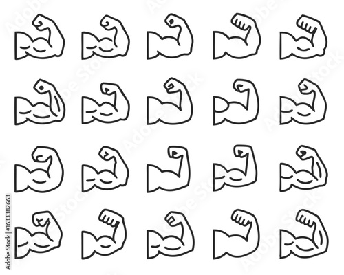 Collection of simple thin line art arm flexing icons for logos and branding isolated on transparent background