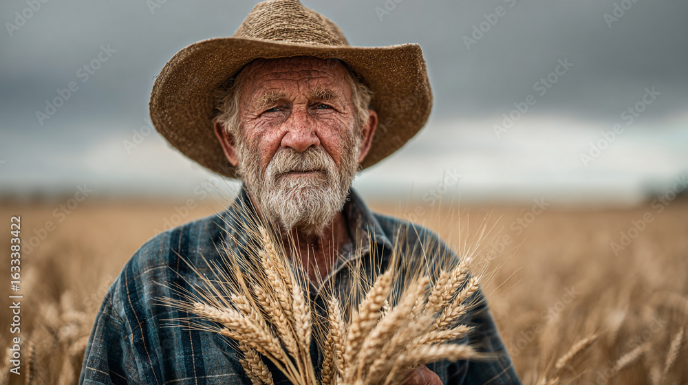 Fototapeta premium Portrait of an elderly farmer holding wheat in a field with hat on head