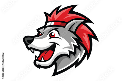Wallpaper Mural Cartoon Wolf Head Mascot with Red Mohawk and Headband on White Background Torontodigital.ca