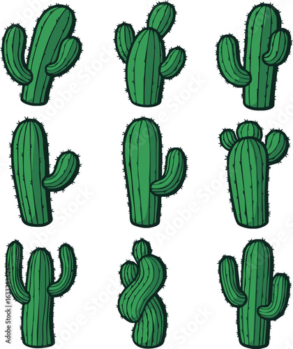 A collection of nine stylized green cartoon cacti, each with a unique shape and ribbed texture, set against a white background.