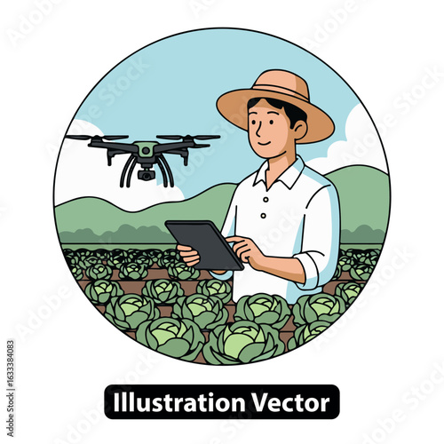 A farmer utilizes drone technology for innovative smart farming in a lush vegetable field
