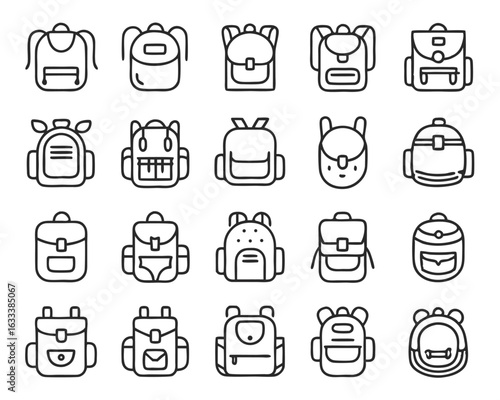 A collection of school bag and backpack icons in various styles and colors perfect for educational or travel related designs isolated on transparent background