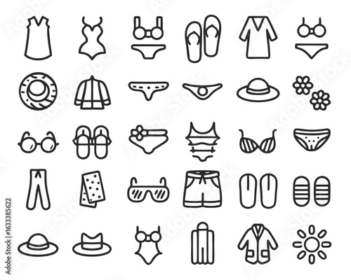 Collection of summer beachwear and vacation accessories simple outline graphics isolated on transparent background