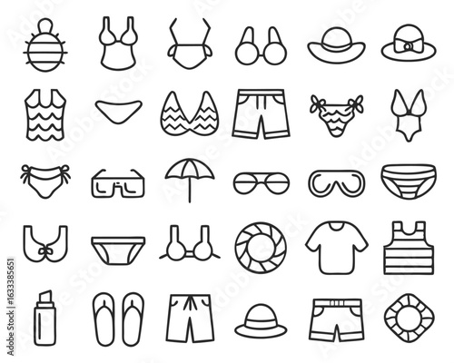 Collection of summer beachwear and accessory silhouettes including swimwear hats and sandals isolated on transparent background