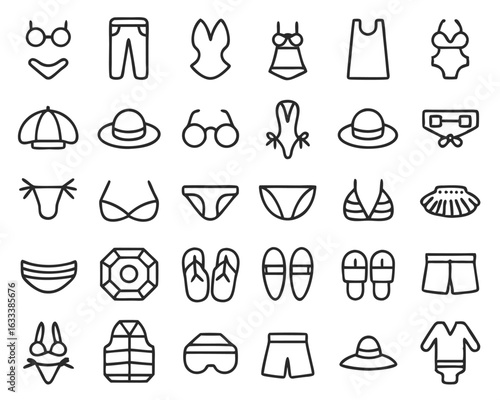 Collection of summer beachwear and vacation accessories silhouettes for design projects isolated on transparent background