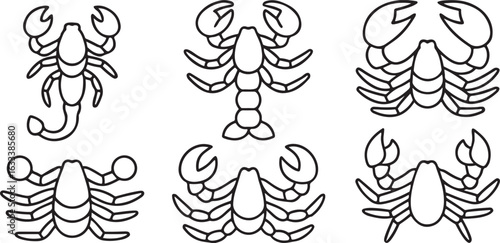 Isolated black scorpion icons, desert predator, claw and tail pose, venomous insect symbol, editable vector for danger sign, wildlife illustrations, attack concept and zodiac graphics
