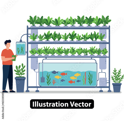 Man monitoring a large indoor aquaponics system with fish and fresh vegetable plants