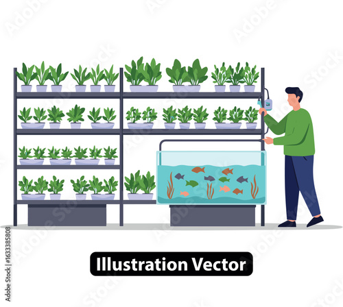 A man tending to an innovative aquaponics system with a fish tank and vertical plants
