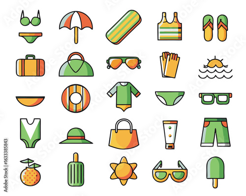 Collection of summer beachwear and seaside accessories simplified graphic symbols isolated on transparent background