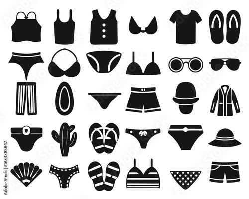 Collection of beachwear and accessory silhouette icons representing summer vacation essentials and coastal lifestyle elements isolated on transparent background