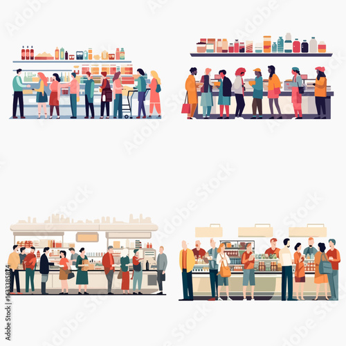 Four distinct views of diverse shoppers in different sections of a grocery store, each queueing to purchase goods.