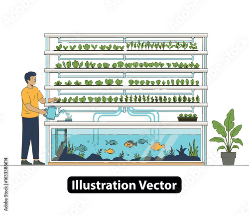Sustainable agriculture concept with a man watering plants in an indoor aquaponics system