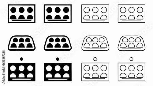 Depiction of various six cavity trays and containers in different styles and orientations on a white background silhouette
