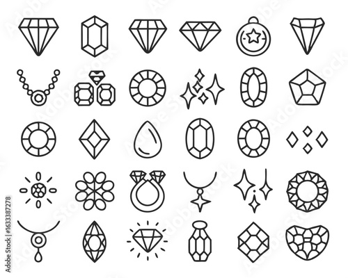 A collection of refined jewelry themed line art icons featuring a prominent diamond symbol and other elegant embellishments isolated on transparent background
