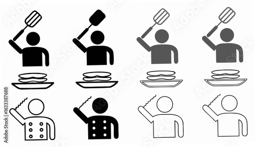 Illustration showing a person flipping pancakes and a chef holding a fork in various color schemes silhouette