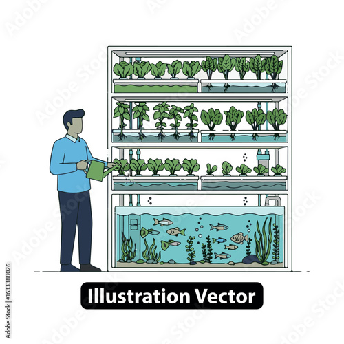 Man watering plants in an indoor vertical aquaponics system for sustainable urban farming.