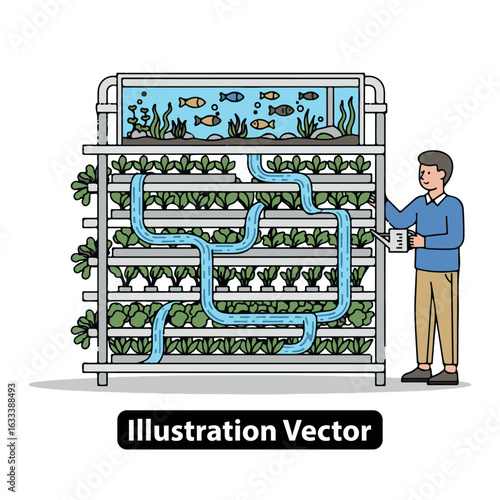 Man managing an innovative aquaponics vertical farming system with a smart controller.