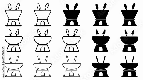 Illustration of fondue pots with forks in varying styles and black and white color schemes arranged silhouette