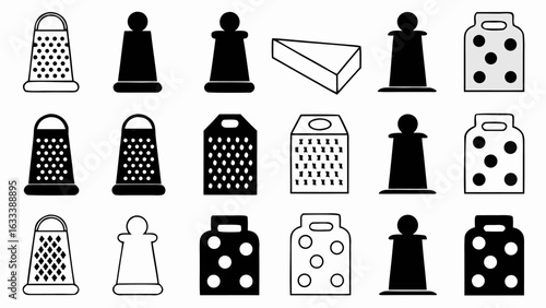 Illustration of kitchen graters cheese wedge and pawn chess pieces arranged in rows on a white background silhouette