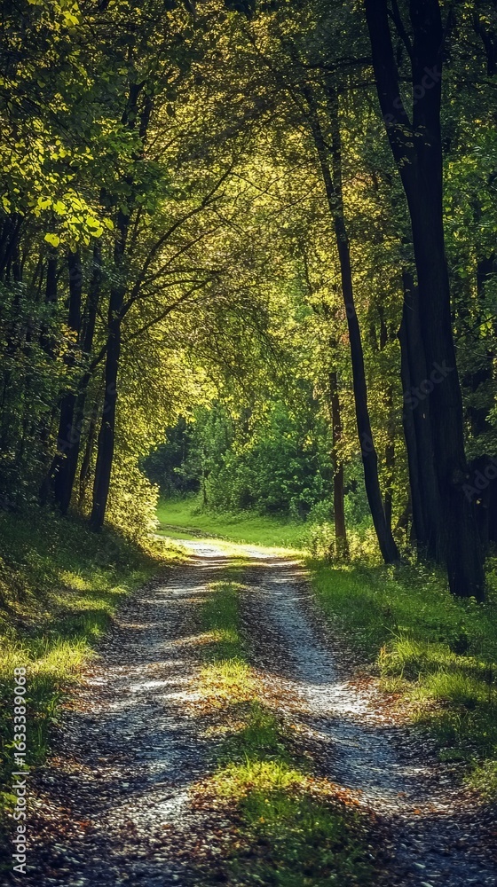 Fototapeta premium Sunlit path through a dense forest