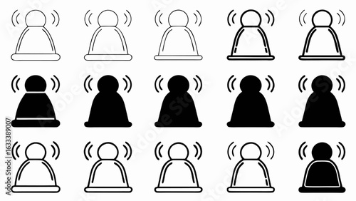 Collection of fifteen bell icons in black and white with sound waves emanating from each bell design silhouette