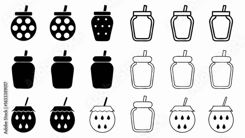 Illustration of various black and white jars with straws and lids in different styles and arrangements silhouette