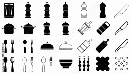 Illustration of various kitchen utensils including pots, cutlery, cutting boards and spice grinders in black and white silhouette