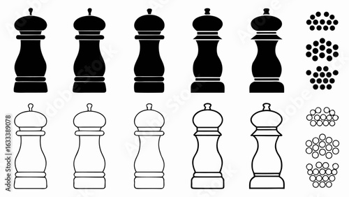 Illustration of multiple black and white pepper grinders and peppercorn clusters in rows and columns silhouette