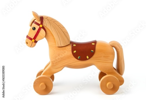 Wooden toy horse on white background with cartoon style and farm theme