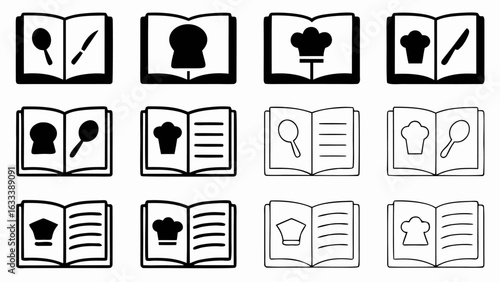 Collection of open books with cooking related images including chef hats bread spoons and knives icons design 1 silhouette
