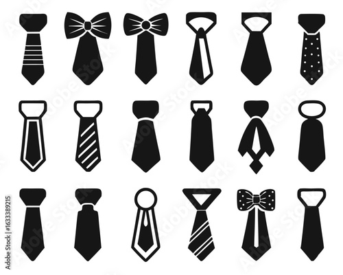 A comprehensive collection of business tie symbols presented as distinct graphic elements isolated on transparent background