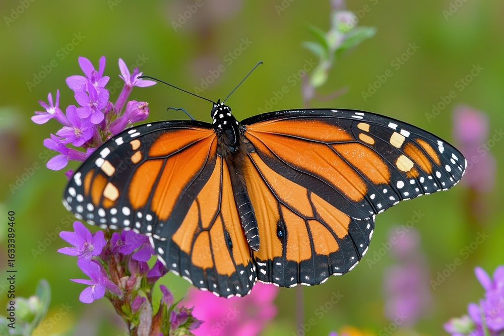 Obraz premium Monarch butterfly resting on wildflower in garden