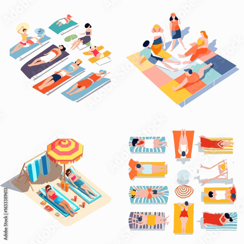 Isometric view of a beach scene with various people lounging and relaxing on beach beds, under umbrellas and on colorful mats.