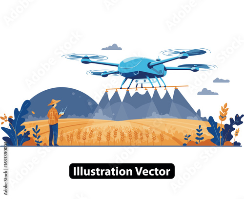 Smart farming illustration of a farmer operating a drone for crop spraying in a field