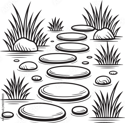 Hand-Drawn Stepping Stones Path Vector Set with Rocks and Grass Elements