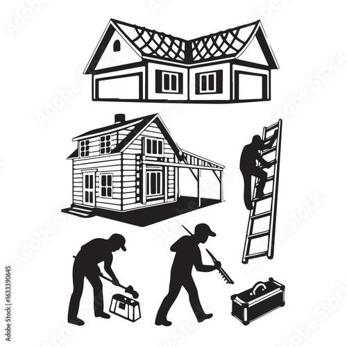 Illustrations depicting house construction stages from framing to completion with workers and tools on a white background