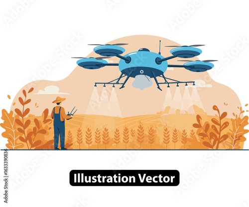 Smart farming technology vector with a farmer controlling an autonomous drone for crop spraying.