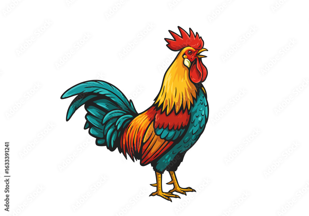 Fototapeta premium Boldly illustrated rooster with vibrant plumage, red comb, and teal tail feathers.