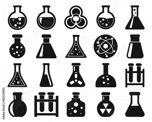 A collection of scientific laboratory glassware icons featuring a detailed chemical flask design isolated on transparent background