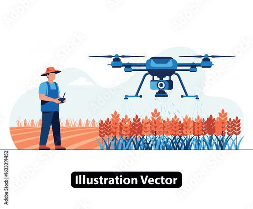 Smart farming concept with a farmer controlling a drone sprayer over a wheat plantation