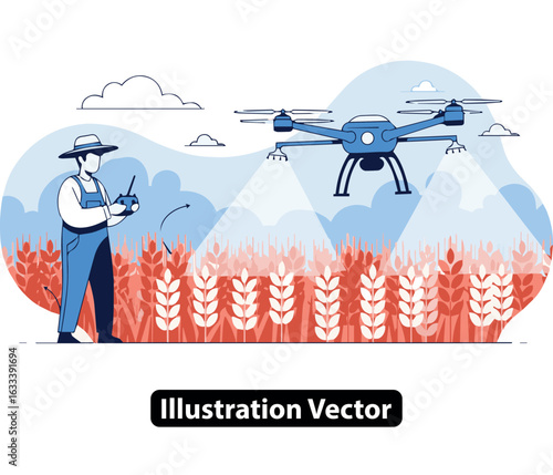 Smart farming technology concept with a farmer operating an agricultural drone over a field